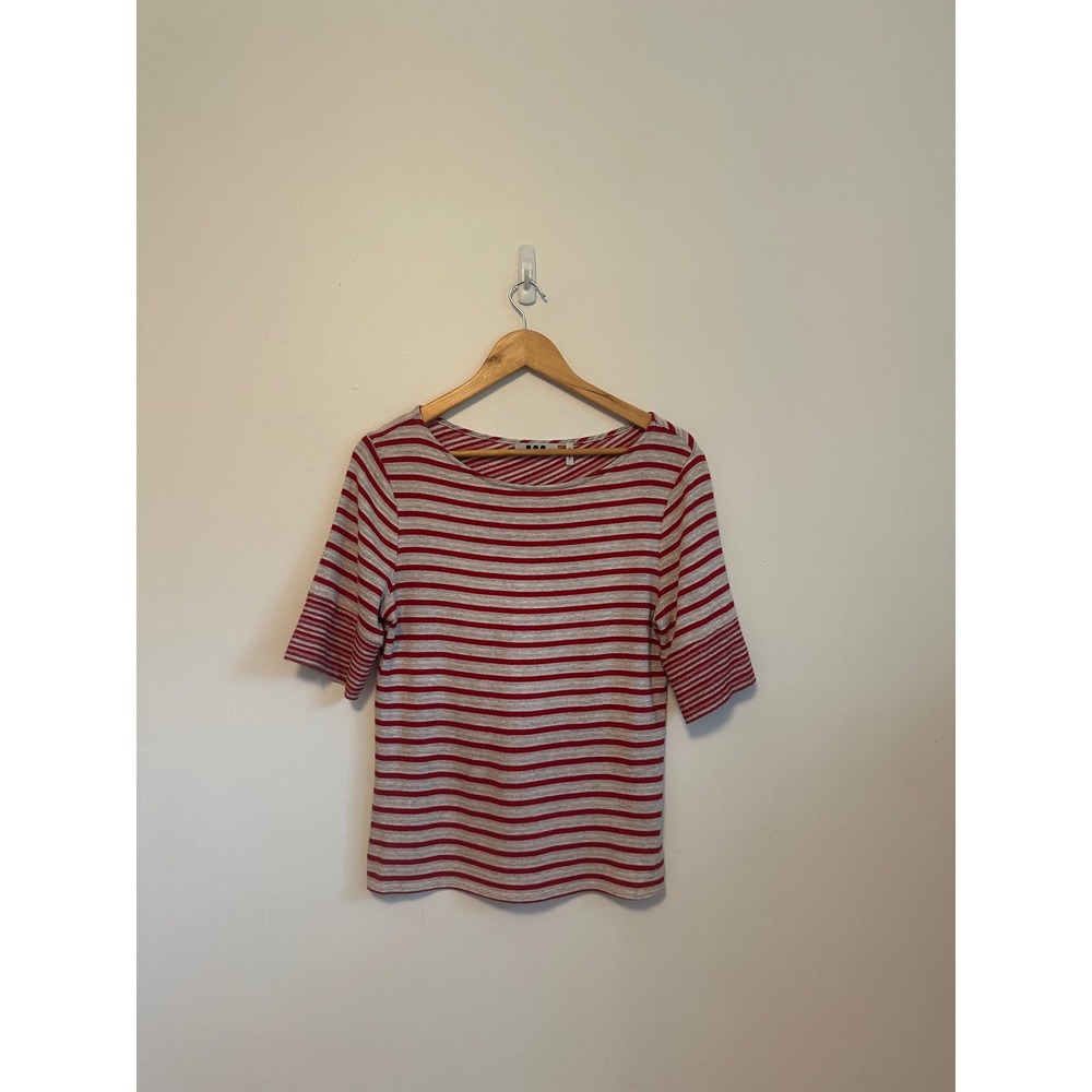 Three Dots Red and Gray Striped Crossover Back Boat Neck Top | Size Medium
